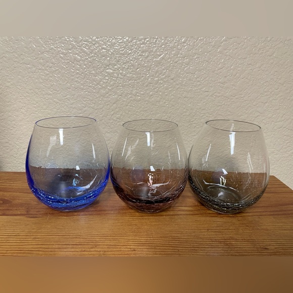 3 Pier 1 Blue Plum & Avocado colors of Crackle Glass Stemless Wine Glasses 16oz. - Picture 1 of 9